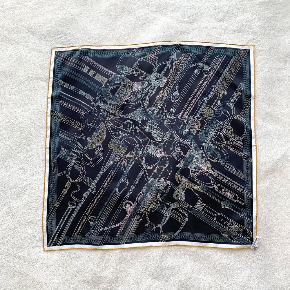 Hermès Dark Blue Double-Sided Stirrup Print Silk Scarf 65x65cm 95% New, Slight S